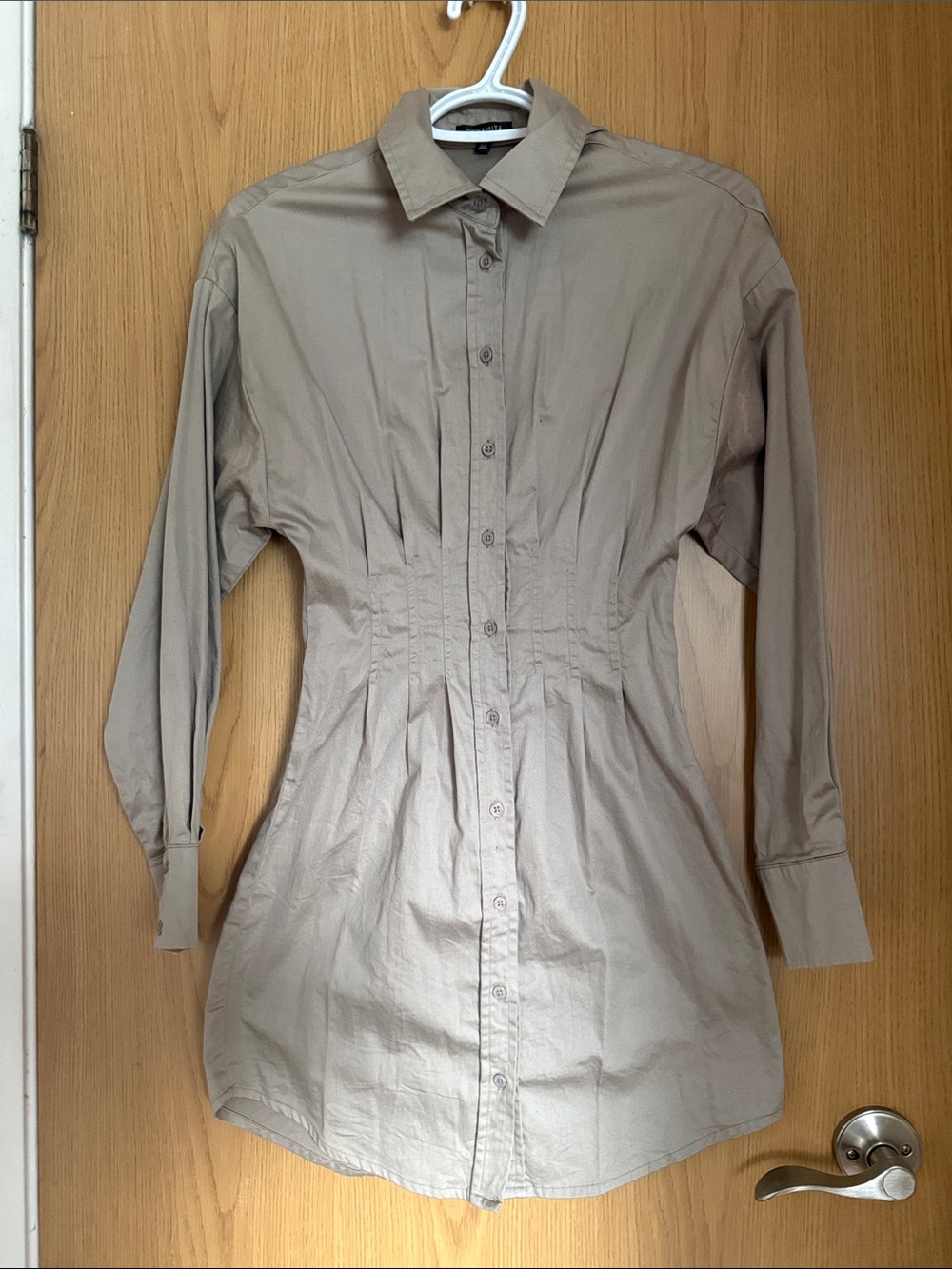 Classic Longline Button-Front Shirt Dress in Taupe